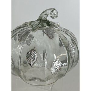 Hand-Blown Glass Pumpkin 7”. Trimmed In Silver Leaves